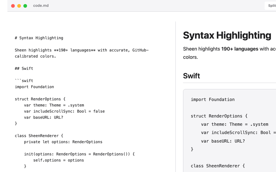 Editor: Split-pane with source left, preview right — code content