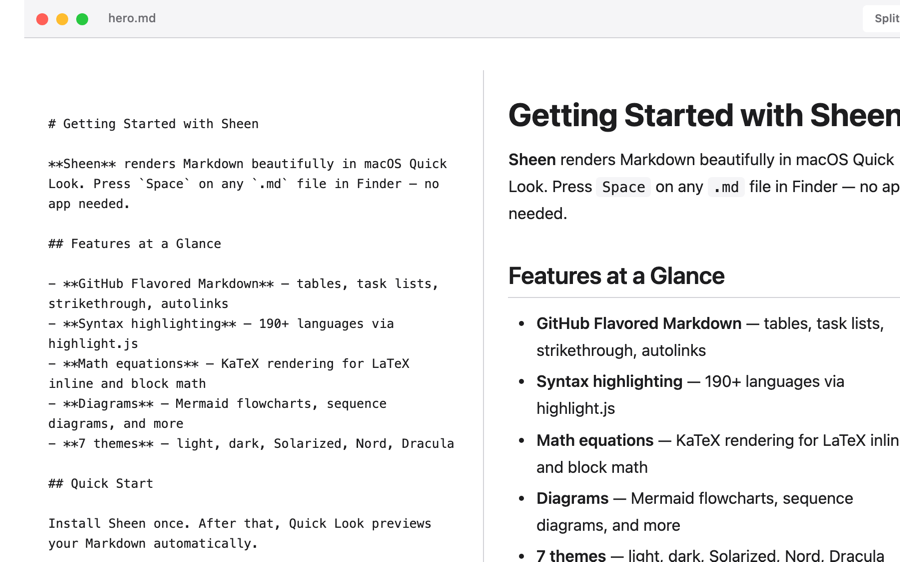 Editor: Split-pane with source left, preview right — prose content