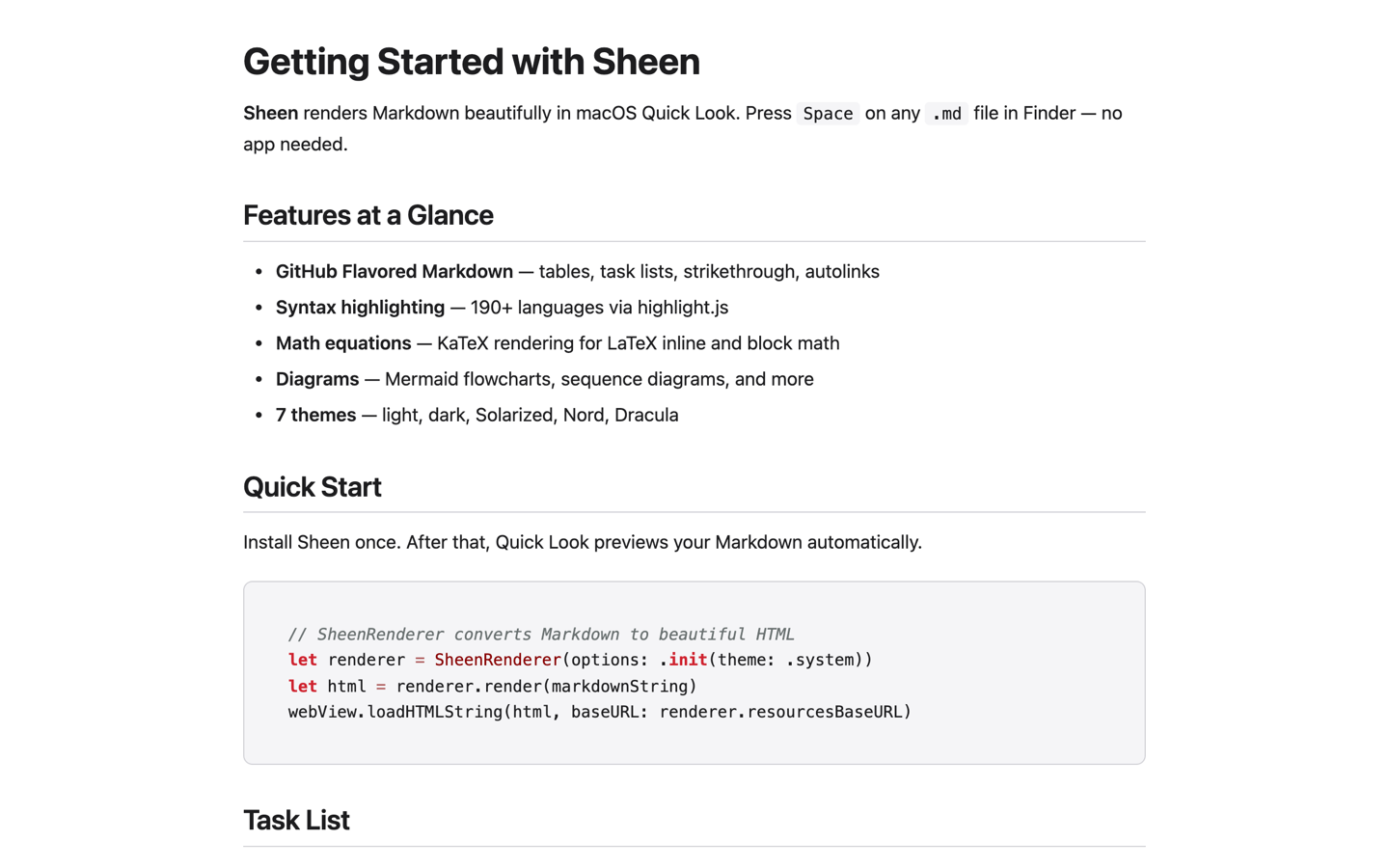 Quick Look preview showing beautifully rendered Markdown